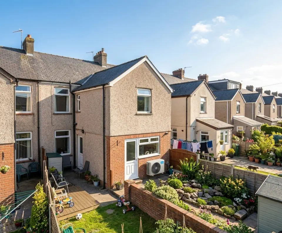 The back of a terraced house with the outdoor air conditioning unit fitted at ground level beside the back door, next to the garden