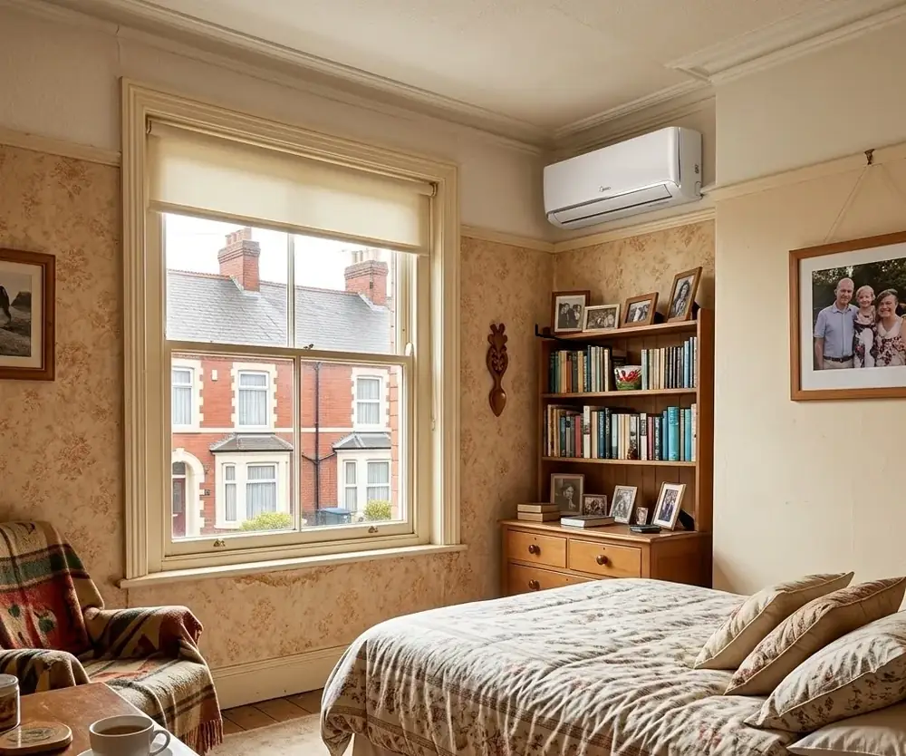 A traditional bedroom in an older terraced house, with a slim white wall-mounted air conditioning unit fitted above the window