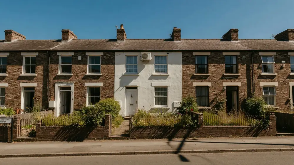A render of a South Wales terraced street with an outdoor air conditioning unit mounted on a rear wall