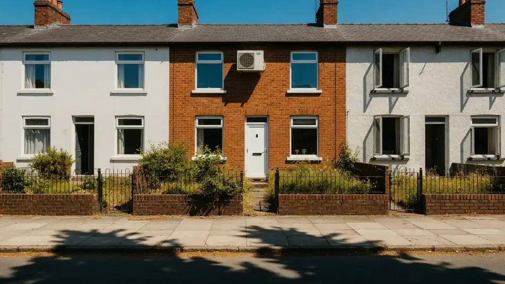 A compact air conditioning outdoor unit mounted low on the brick wall of a terraced house beside a back door