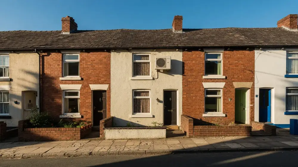 A terraced house with the outdoor unit fitted between the first floor windows