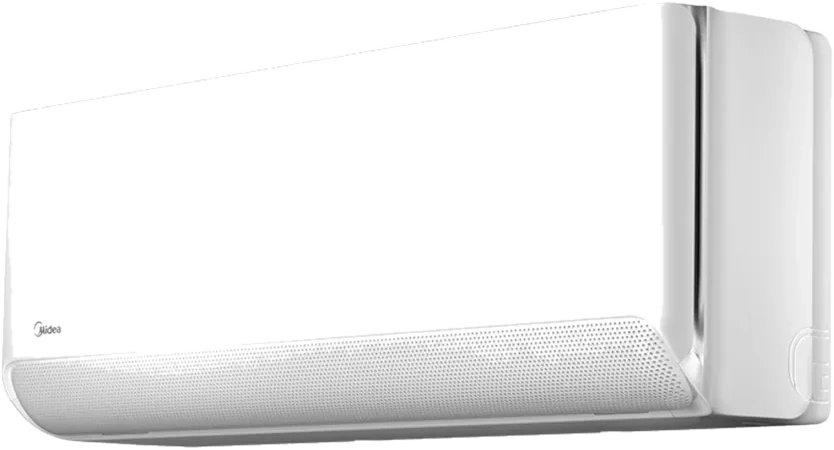 The Midea Breezeless E wall-mounted indoor unit, viewed at an angle with the air deflector closed
