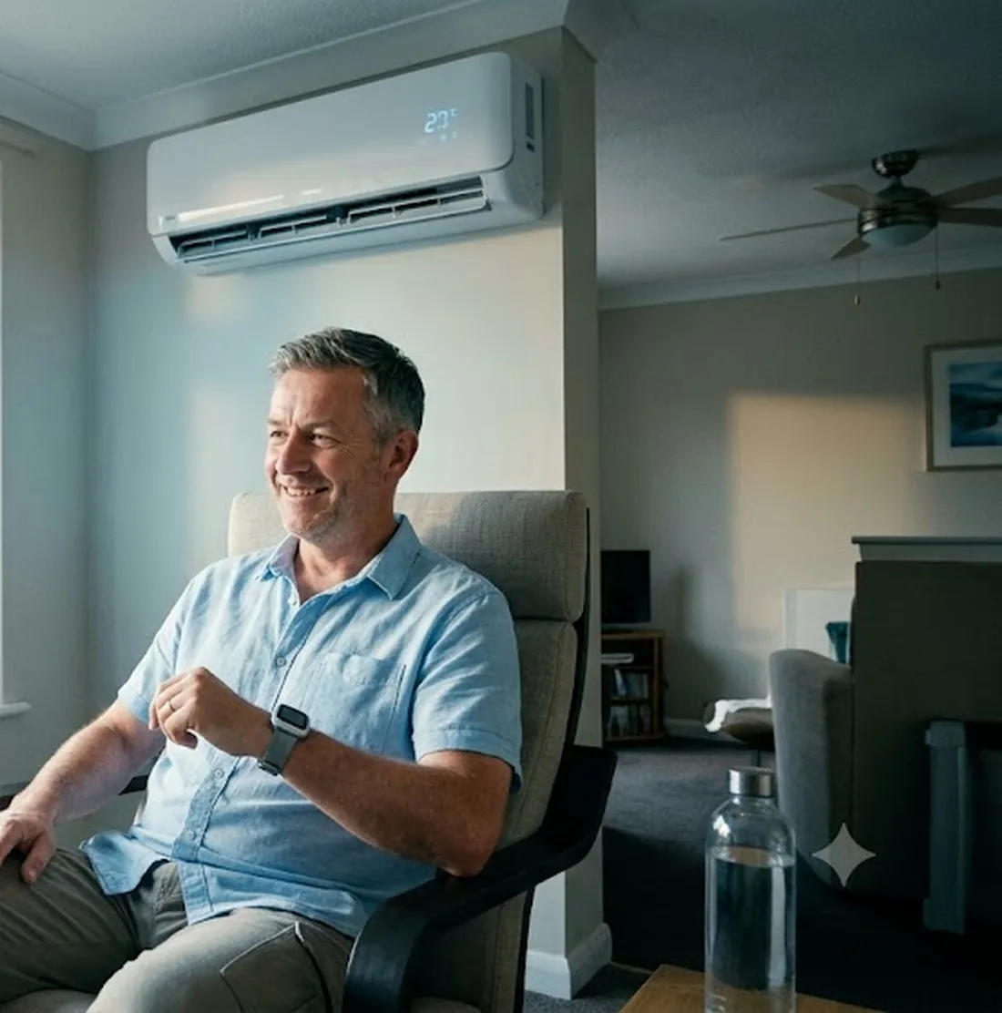 A man relaxing in a cool living room with a wall-mounted air conditioning unit showing 20 degrees