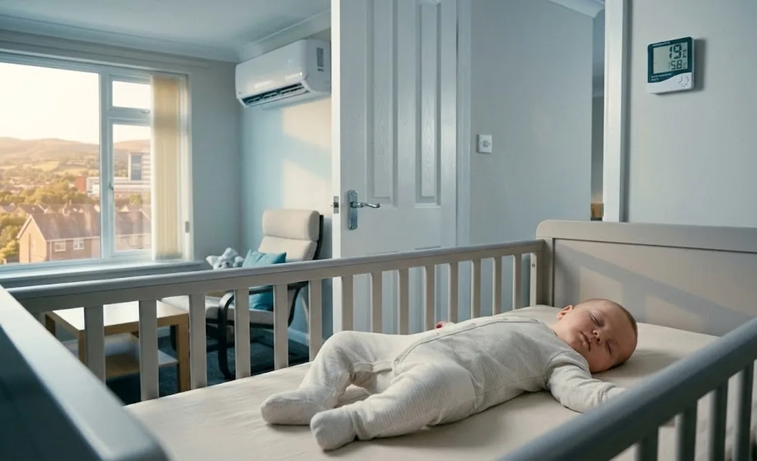 A baby asleep in a cot in a cool, softly lit nursery, with a wall-mounted air conditioning unit and a room thermometer reading 19 degrees