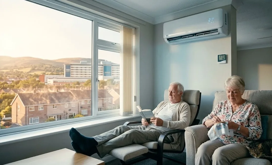 An older couple sitting comfortably in a cool living room on a bright day, with a wall-mounted air conditioning unit