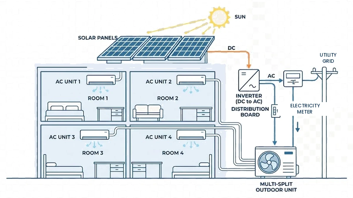 Diagram showing solar panels feeding an inverter and distribution board, which powers a multi-split outdoor unit connected to four indoor air conditioning units across four rooms, with any surplus going to the electricity meter and the utility grid