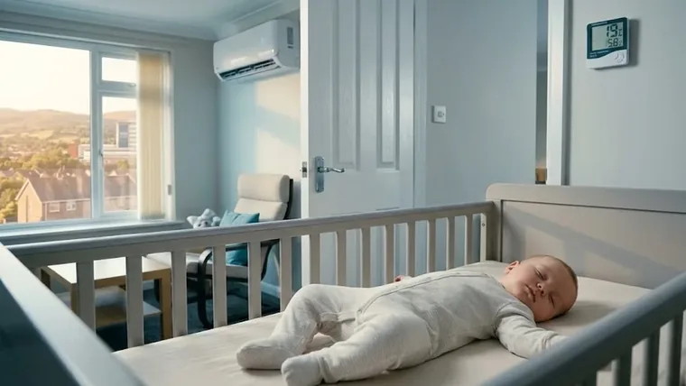 A baby asleep in a cool nursery with a wall-mounted air conditioning unit