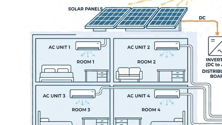 Diagram of solar panels powering a multi-split air conditioning system across four rooms
