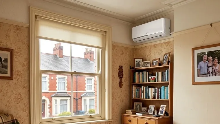 A bedroom with a wall-mounted air conditioning unit above the bed